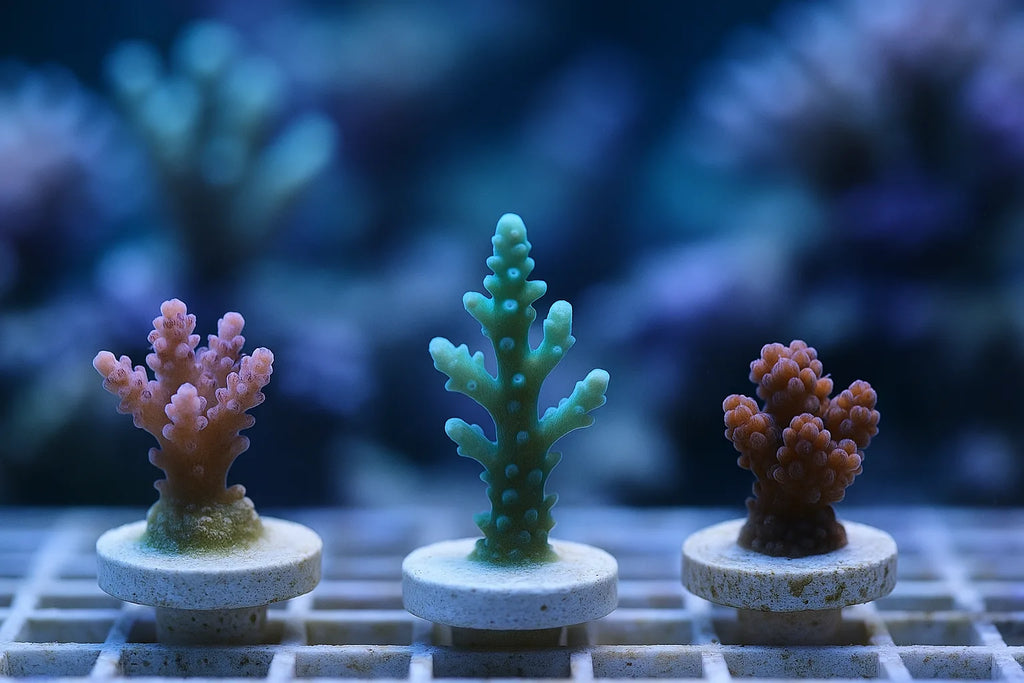 Close up of small coral fragments mounted on ceramic plugs inside a reef aquarium