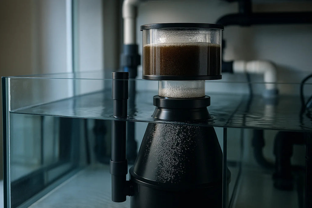 A reef sump with a cone protein skimmer pulling dark skimmate into a collection cup