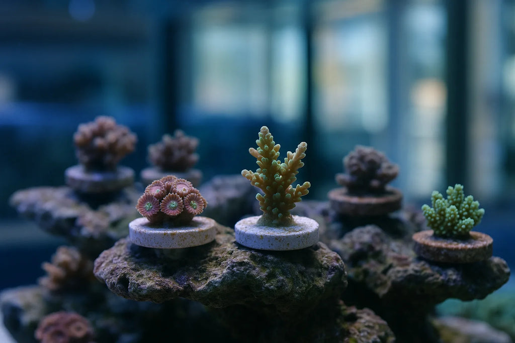 Rows of coral frags in a marine aquarium display tank under blue reef lighting