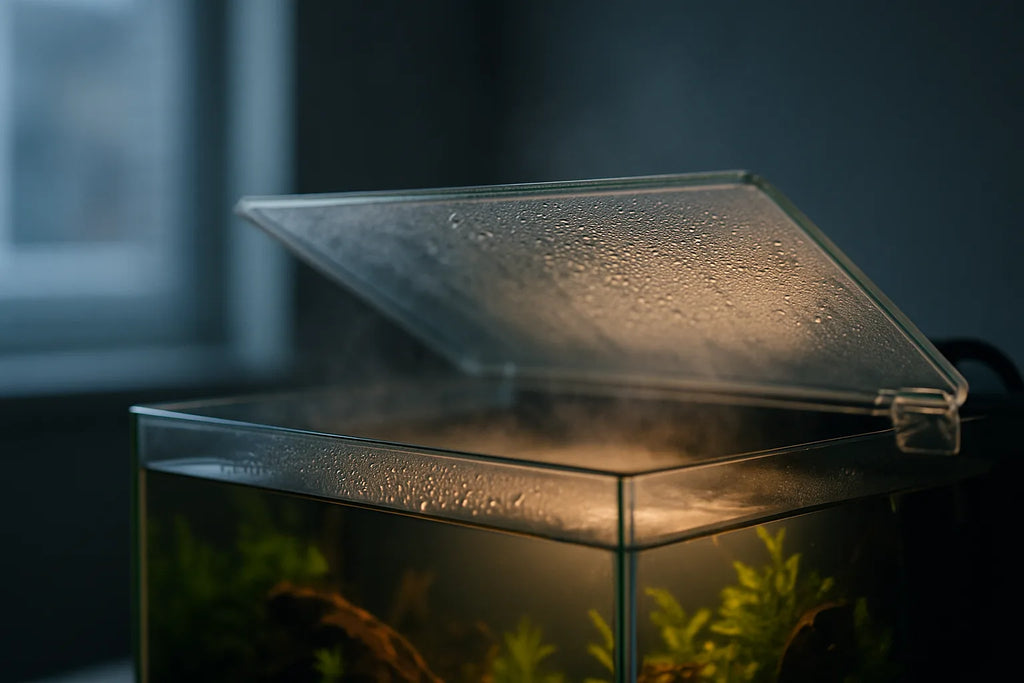Fogged glass aquarium lid with visible water droplets and steam rising from a warm tank in a cool room