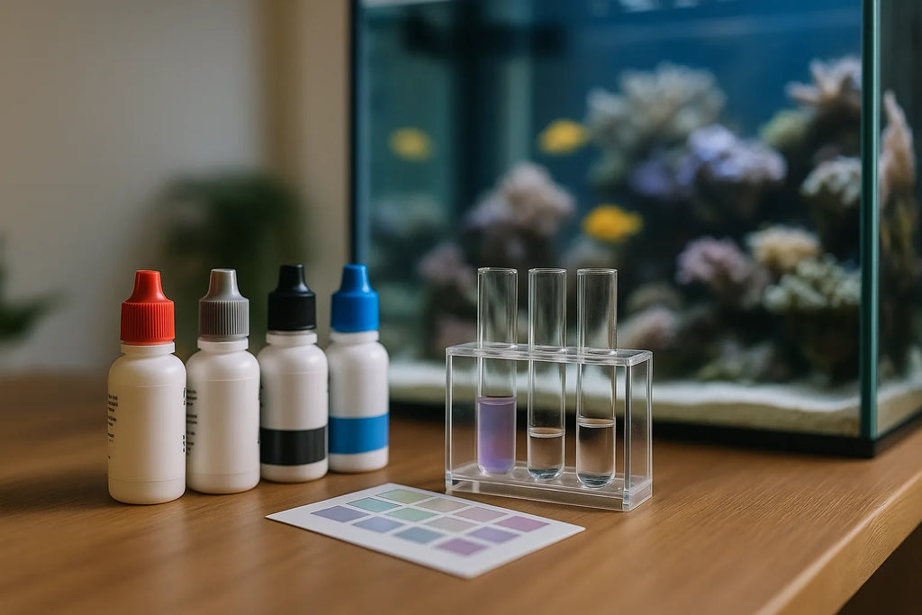 A reef aquarium test kit with reagent bottles, a test tube rack and colour comparison chart on a bench beside a marine tank