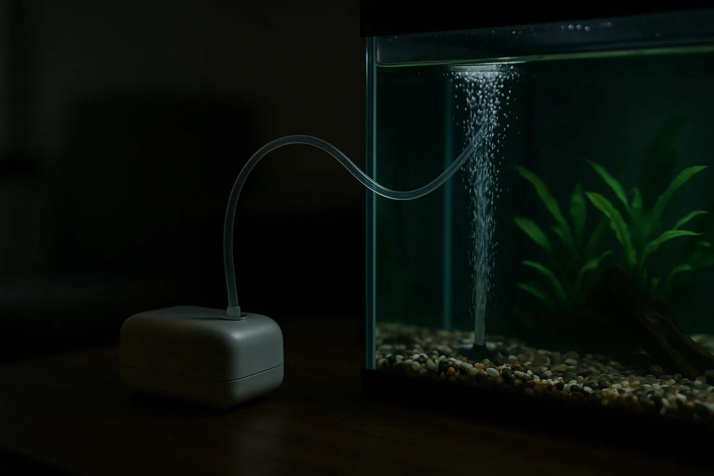 A battery powered air pump with airline tubing sitting beside an aquarium during a dim, storm lit room