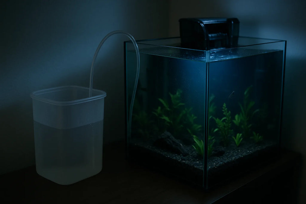 Close up of an aquarium auto top off reservoir and tubing beside a reef tank at night